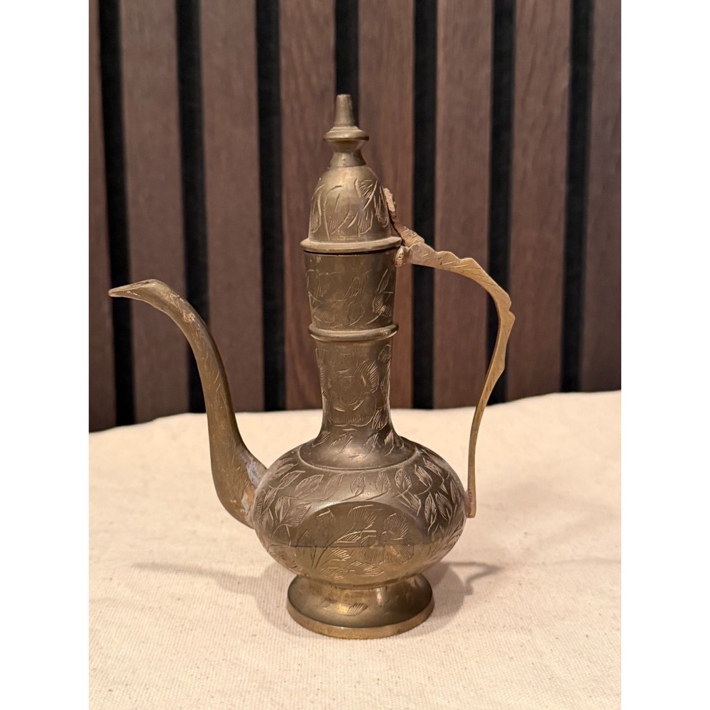 VINTAGE Solid Brass Hand Etched Teapot/Pitcher/Genie Lamp - 6.5" - Made in India